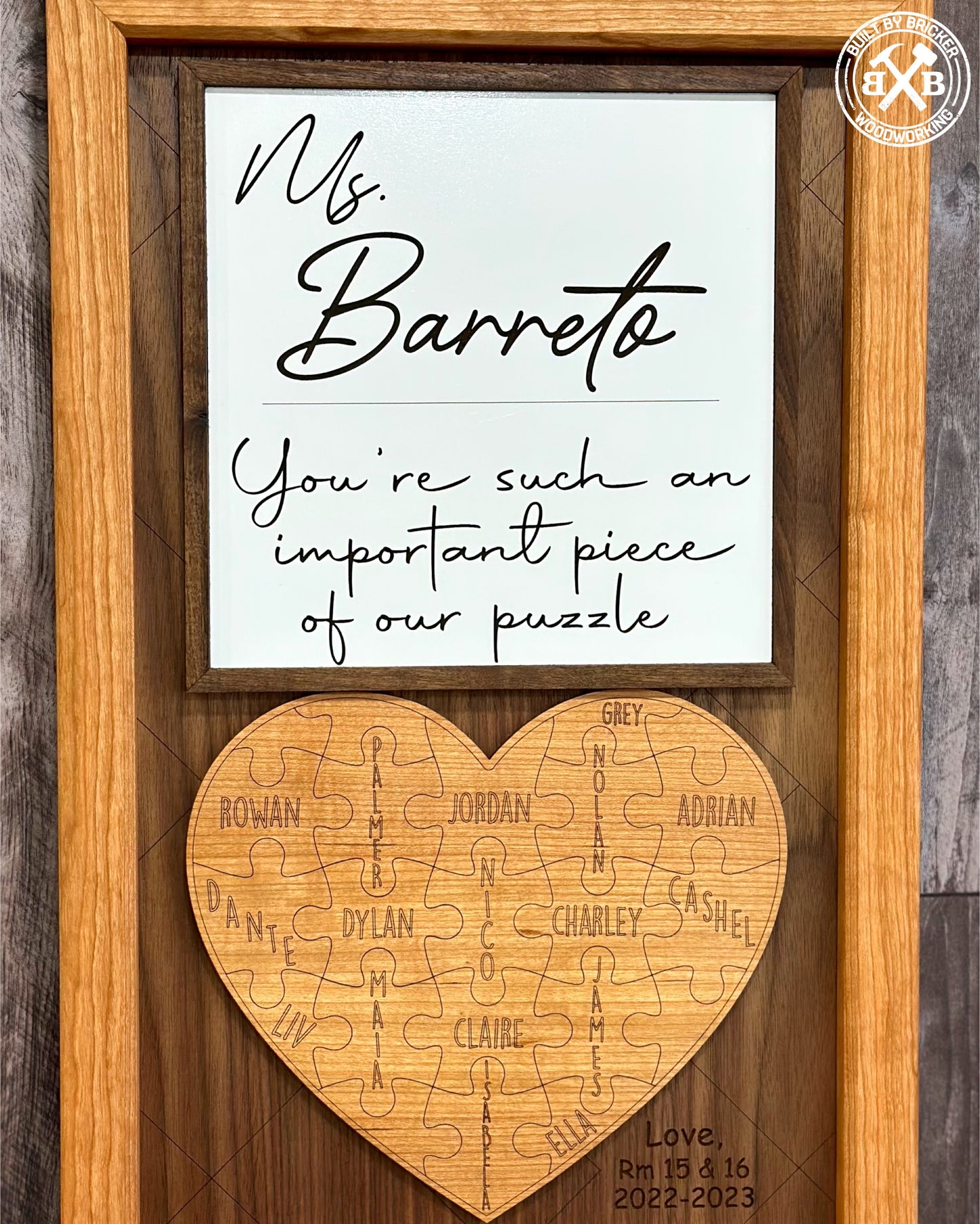 Handmade Solid Wood Framed Teacher / Class Gift Heart Puzzle Plaque
