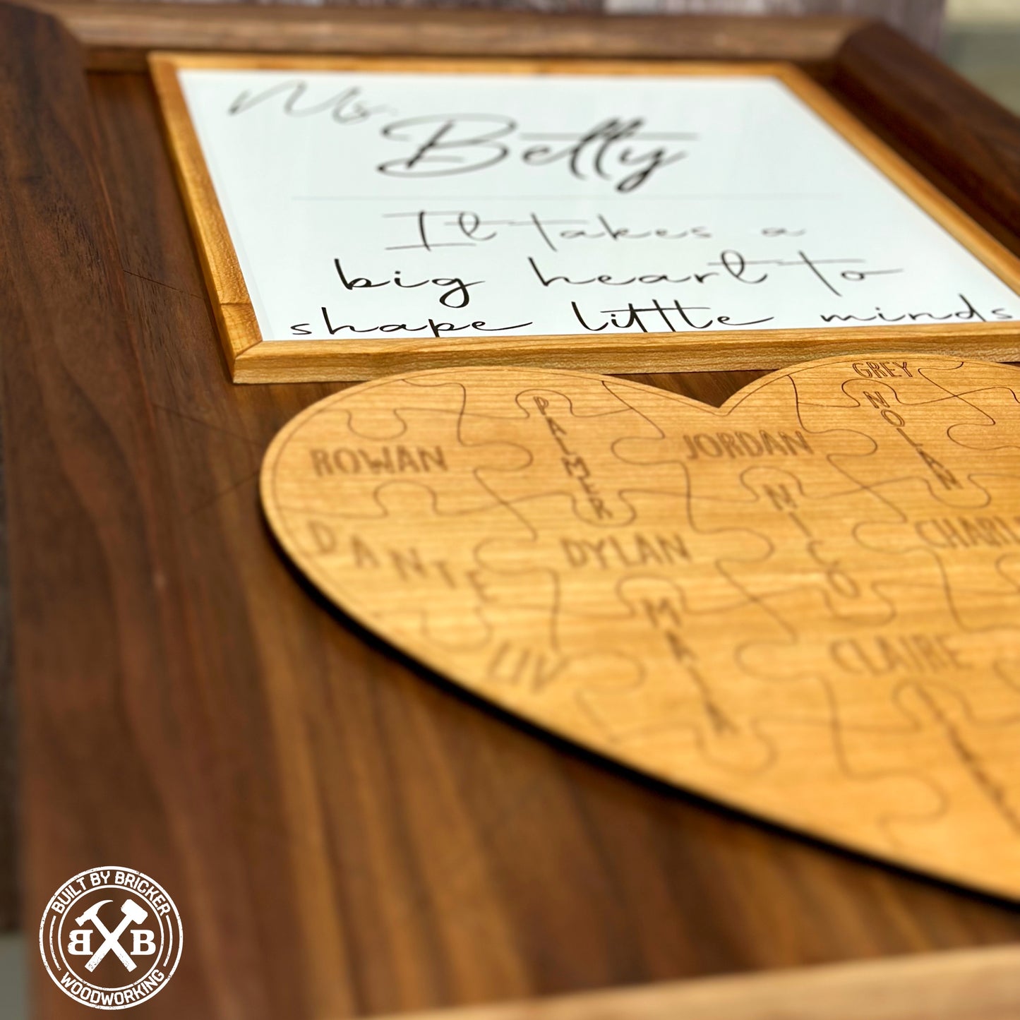 Handmade Solid Wood Framed Teacher / Class Gift Heart Puzzle Plaque