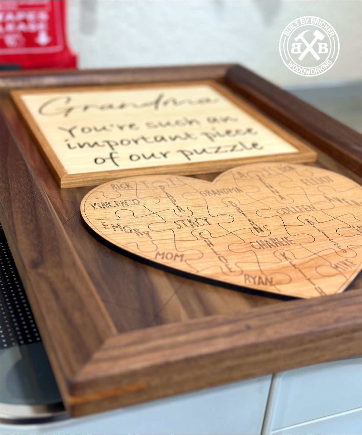 Handmade Solid Walnut Framed Mom / Grandma Heart Puzzle Plaque