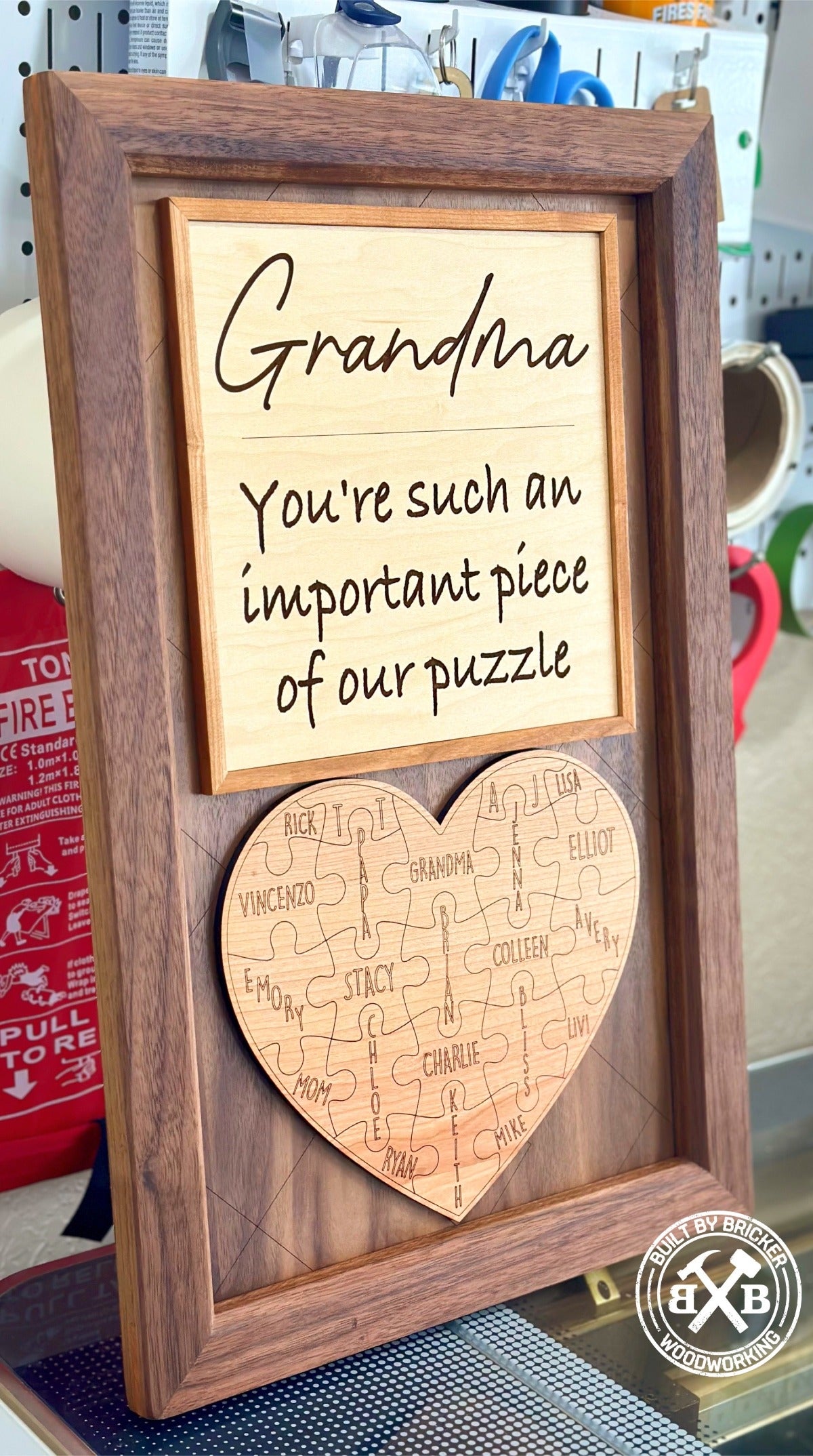 Handmade Solid Walnut Framed Mom / Grandma Heart Puzzle Plaque