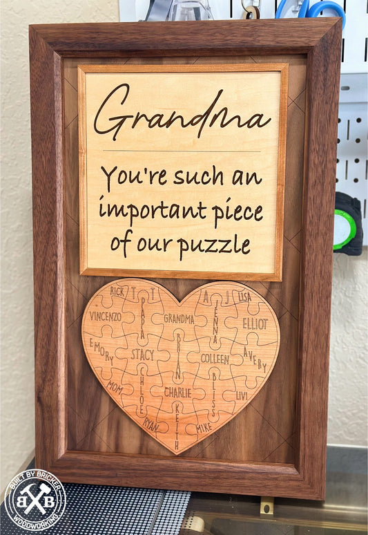 Handmade Solid Walnut Framed Mom / Grandma Heart Puzzle Plaque