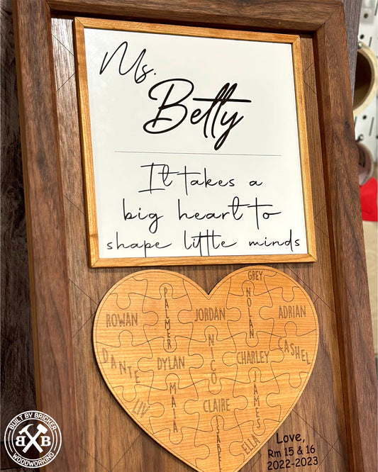Handmade Solid Wood Framed Teacher / Class Gift Heart Puzzle Plaque