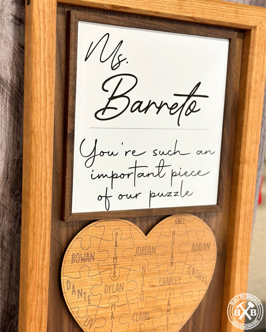 Handmade Solid Wood Framed Teacher / Class Gift Heart Puzzle Plaque