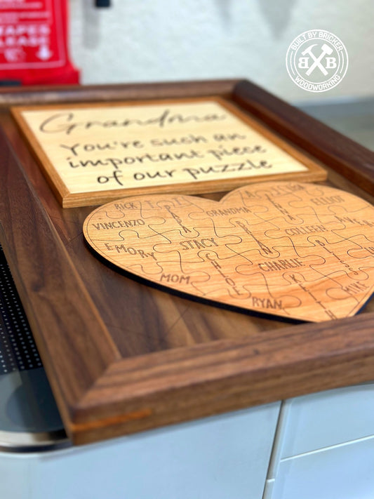 Handmade Solid Walnut Framed Mom / Grandma Heart Puzzle Plaque